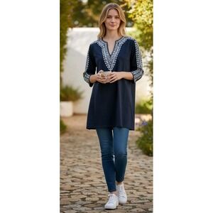 Brooks‎ Brothers Navy Linen Tunic Top White Embroidery SZ L Boho Chic Women's